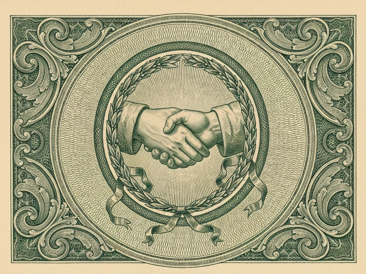 A green steel-engraved banknote-style allegorical vignette of a pair of hands shaking, framed by a wreath of laurel and engraved ornamental ribbons.