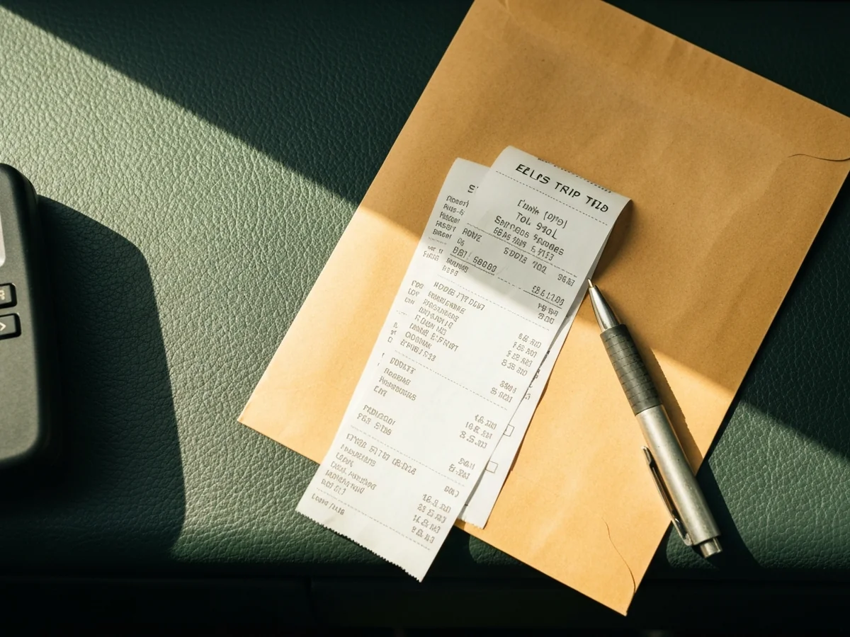 A paper trip envelope on a worn truck dashboard with abstract receipts spilling out, an ELD device, and a worn ballpoint pen.