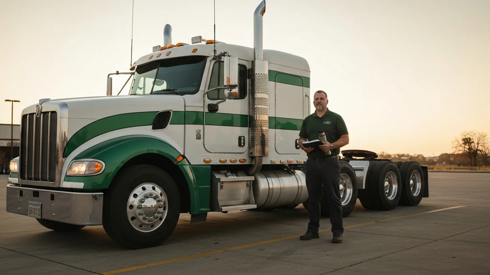 An independent owner-operator standing beside his Class 8 long-haul tractor at sunrise at a quiet truck stop.
