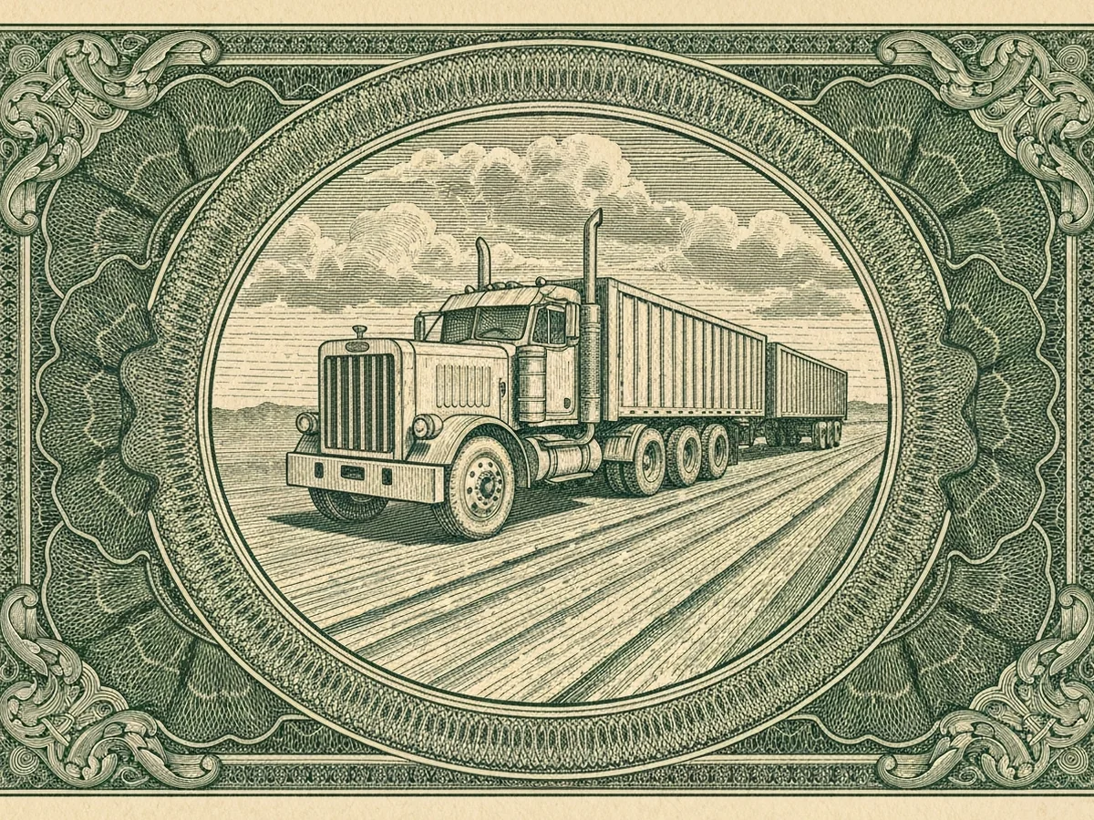 A green steel-engraved banknote-style vignette of a heavy freight tractor-trailer with an open road receding behind it.