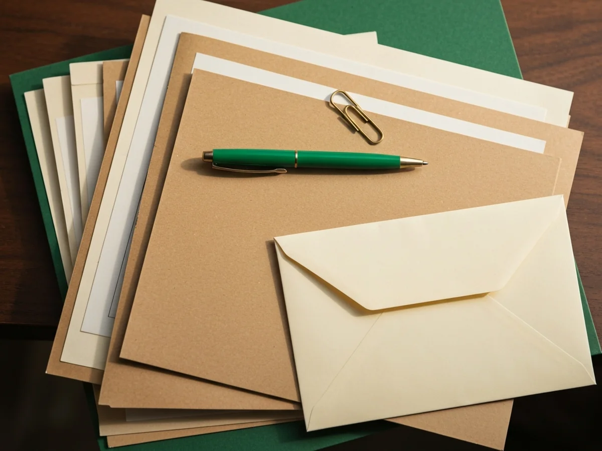 Overhead macro of a stack of legal-style document folders with a green felt-tip pen resting on top.