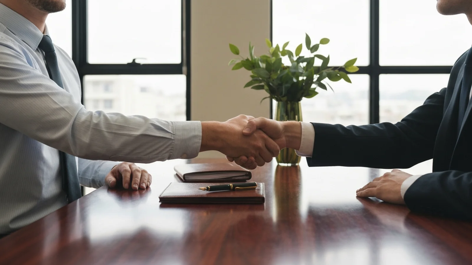A small-business owner and a debt negotiator shaking hands across a polished mahogany conference table.