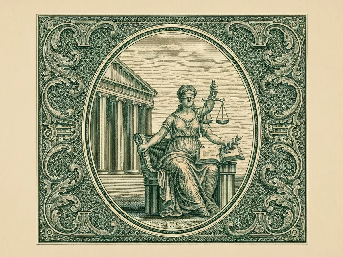 A green steel-engraved banknote-style allegorical vignette of Lady Justice holding scales and an open book, with a Federal-era columned portico behind her.