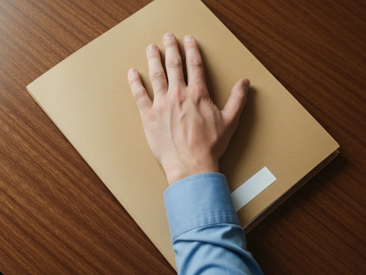 A man's hand resting palm-down on a closed kraft-colored legal document folder on a wooden desk, soft side light.