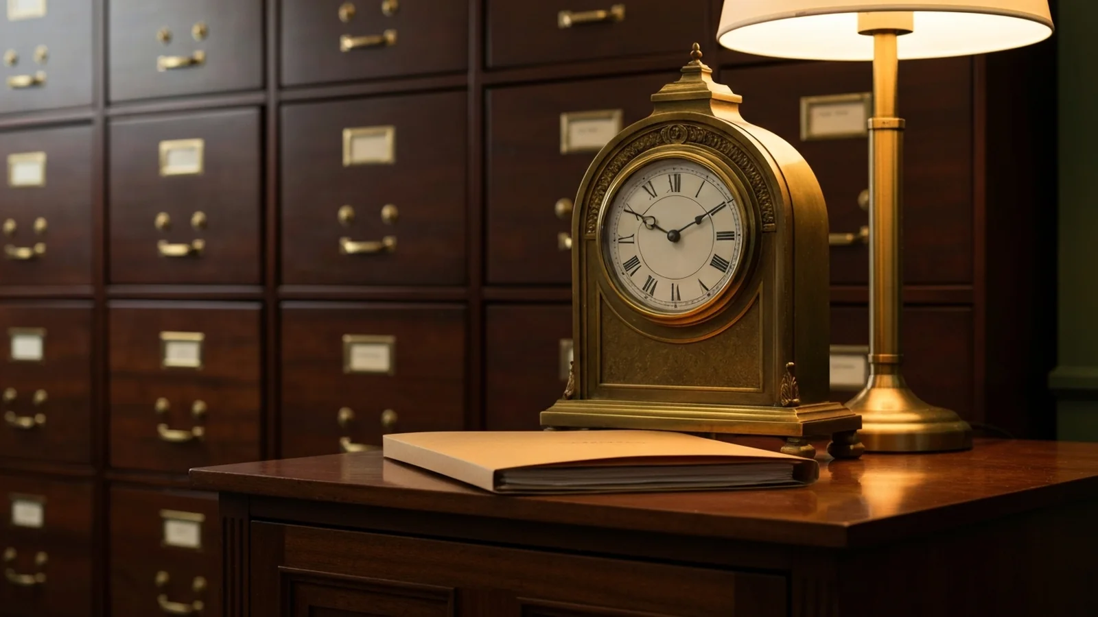 An ornate brass mantel clock on a polished walnut credenza in warm end-of-day light, filing cabinets in soft focus behind.