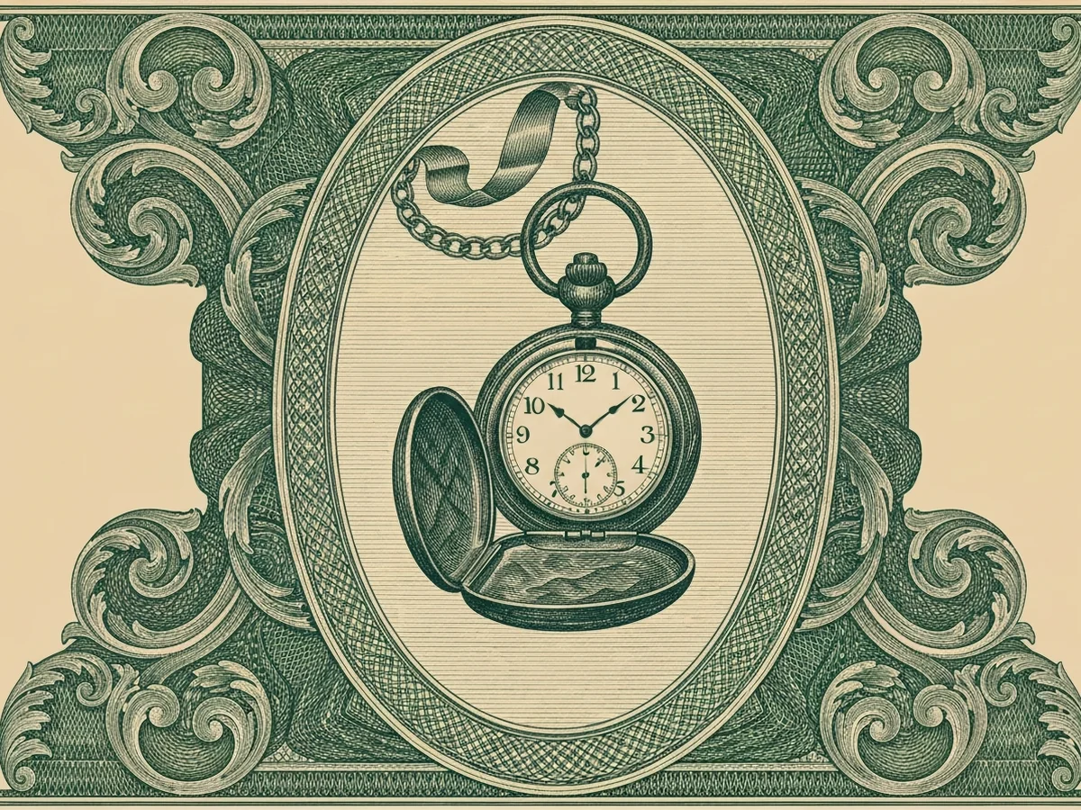 A green steel-engraved banknote-style allegorical vignette of an open antique pocket watch on a chain inside an oval guilloché frame.