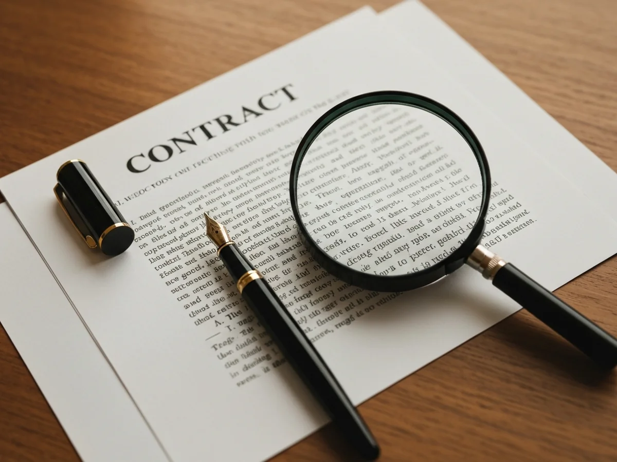 A magnifying glass resting on the corner of a multi-page contract with a black fountain pen beside it.