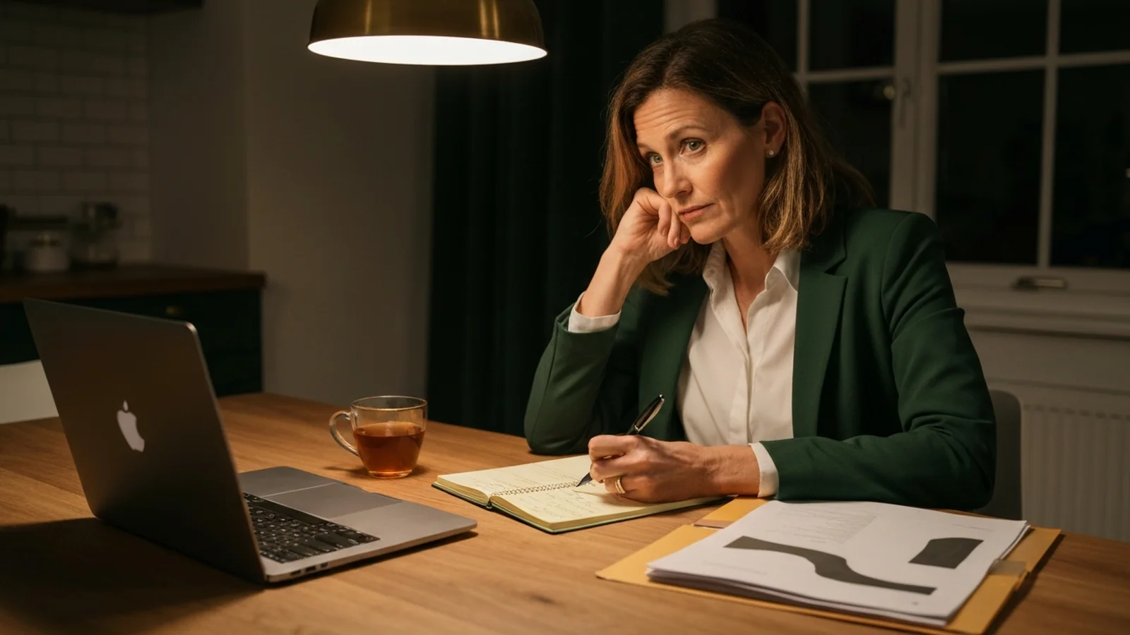 A business owner working at a kitchen table at night, taking handwritten notes on a yellow legal pad with two manila folders open beside her.