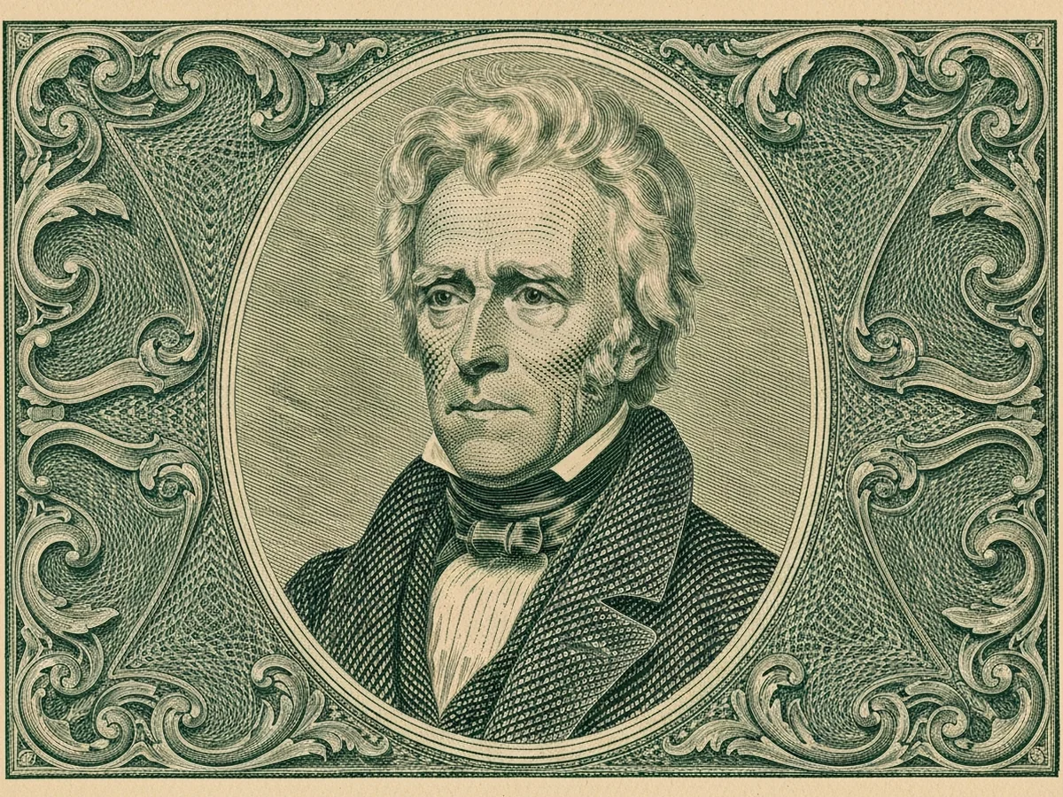 A green steel-engraved banknote-style portrait of Andrew Jackson inside an oval frame of guilloché lathe-work with Federal-era scrollwork corners.