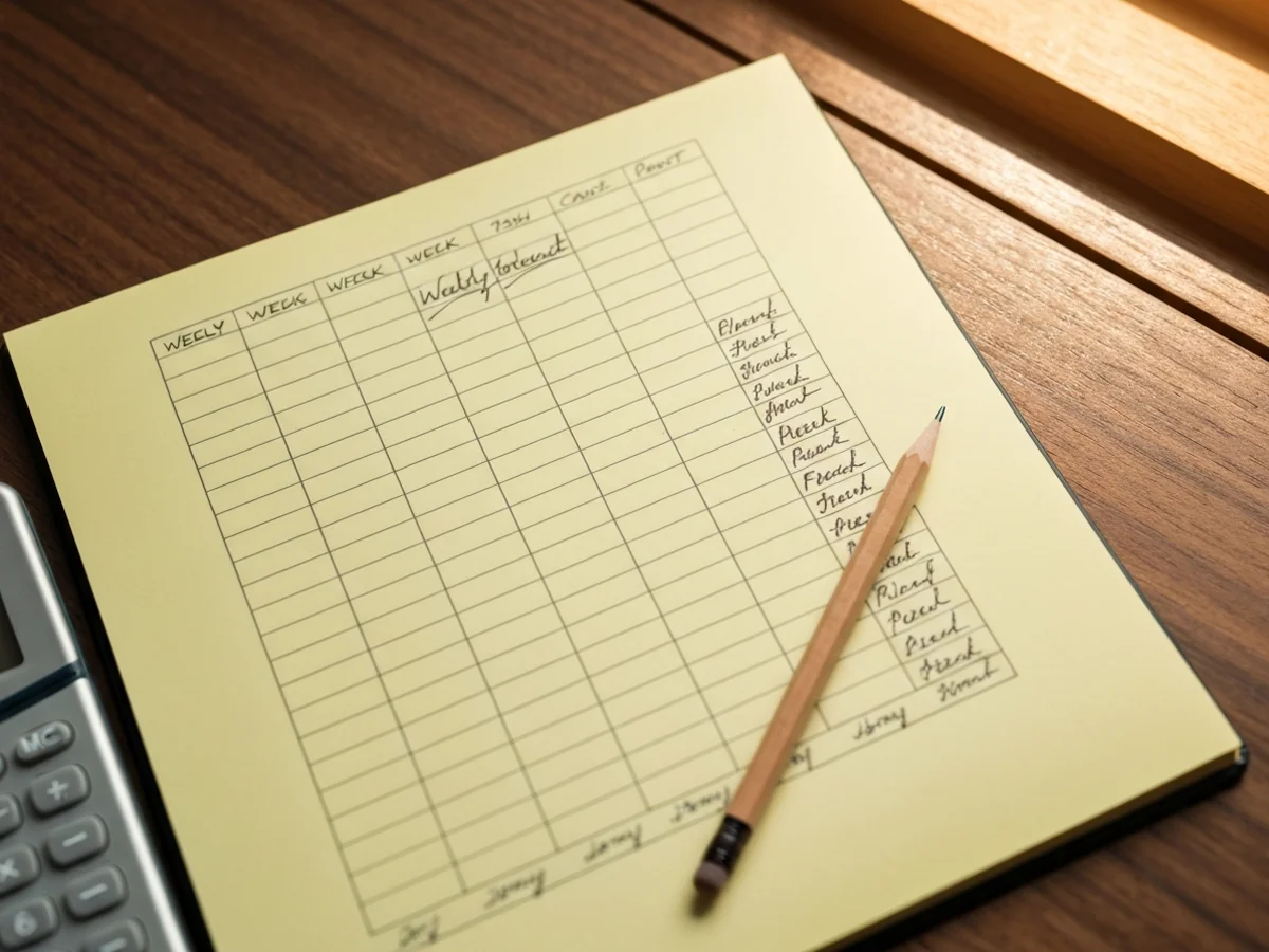 A yellow legal pad with thirteen narrow handwritten columns ruled in pencil, a wooden pencil and small calculator beside it.