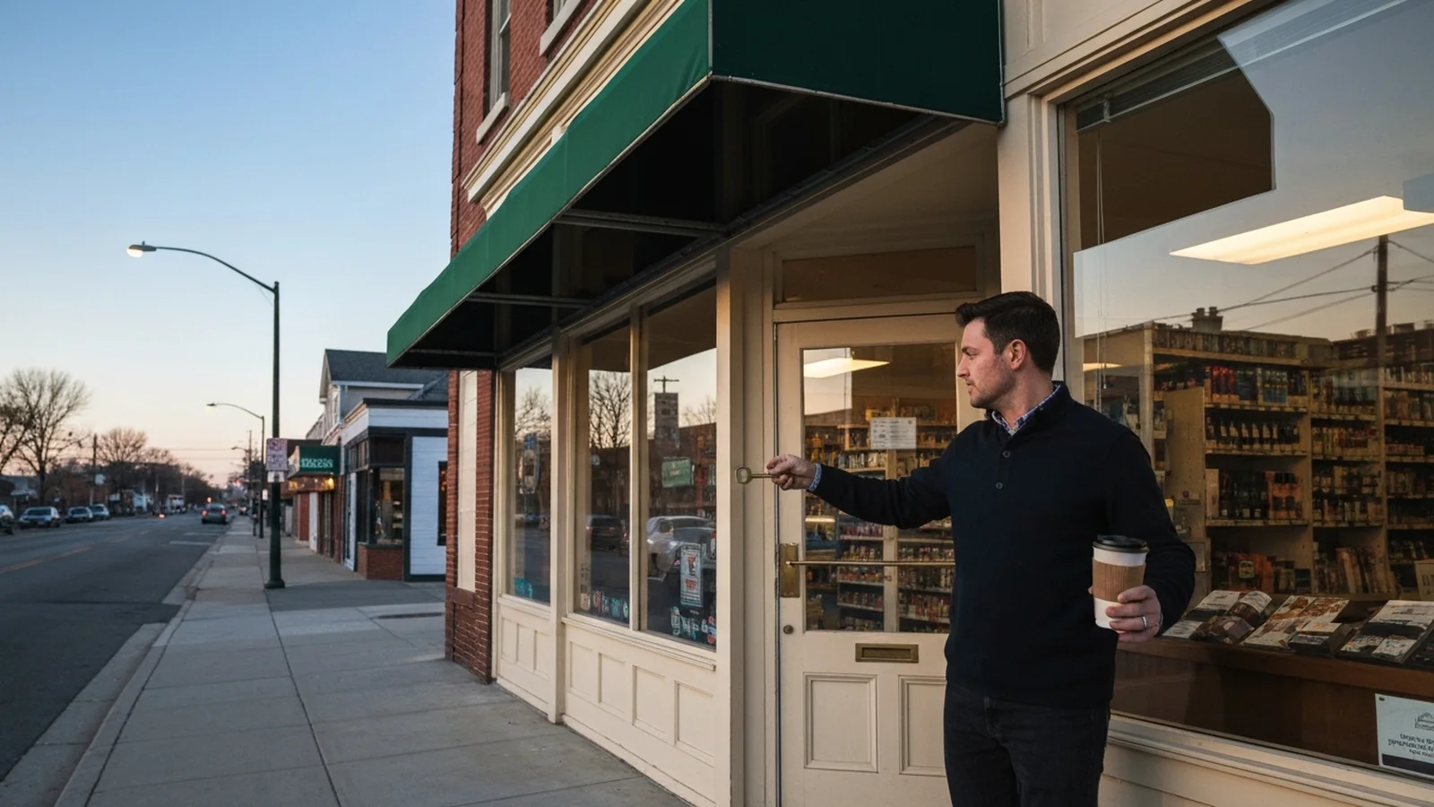A small-business owner unlocking the front door of a Main Street storefront with a green awning at pre-dawn, holding a coffee cup.