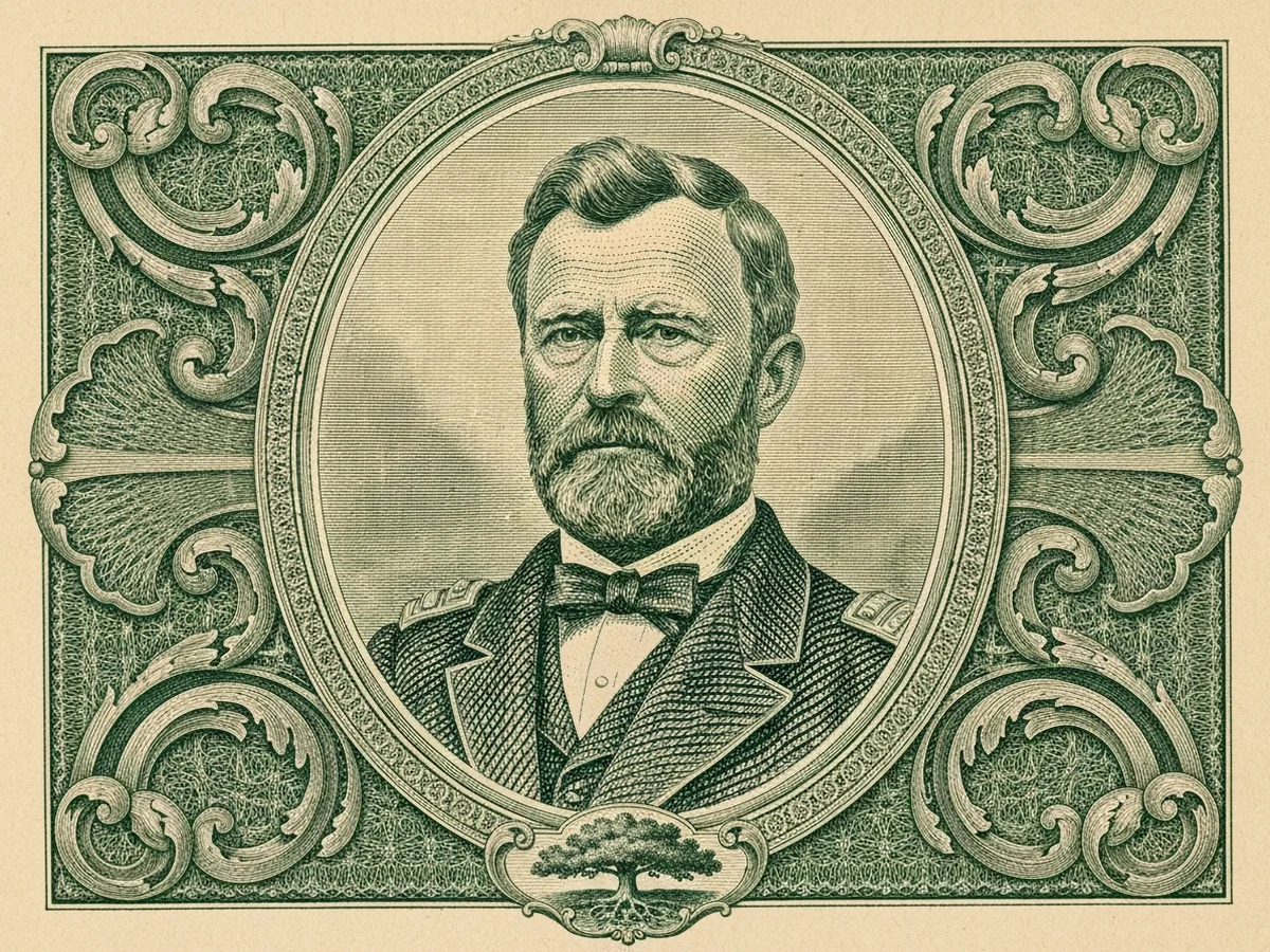 A green steel-engraved banknote-style portrait of Ulysses S. Grant inside an oval frame, with a sturdy oak tree with deep roots in the vignette below.
