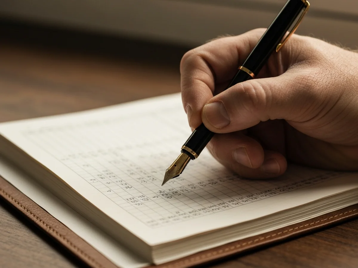 A weathered hand writing entries into a leather-bound ledger book in warm desk-lamp light.