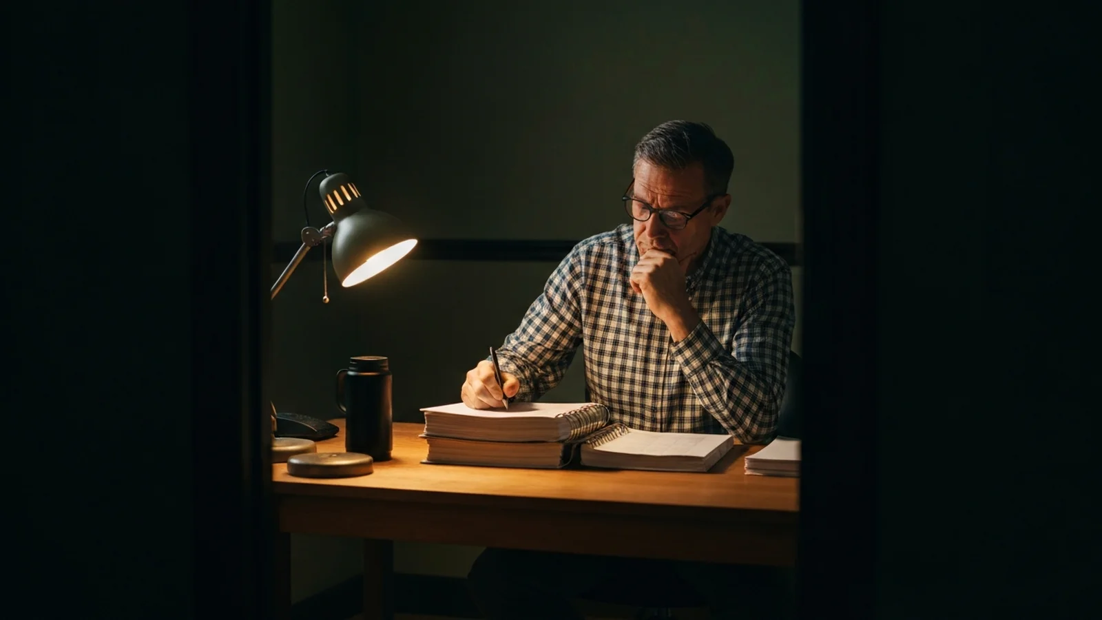 A small-business owner alone in his office at night, reviewing ledger books under a single warm desk lamp.