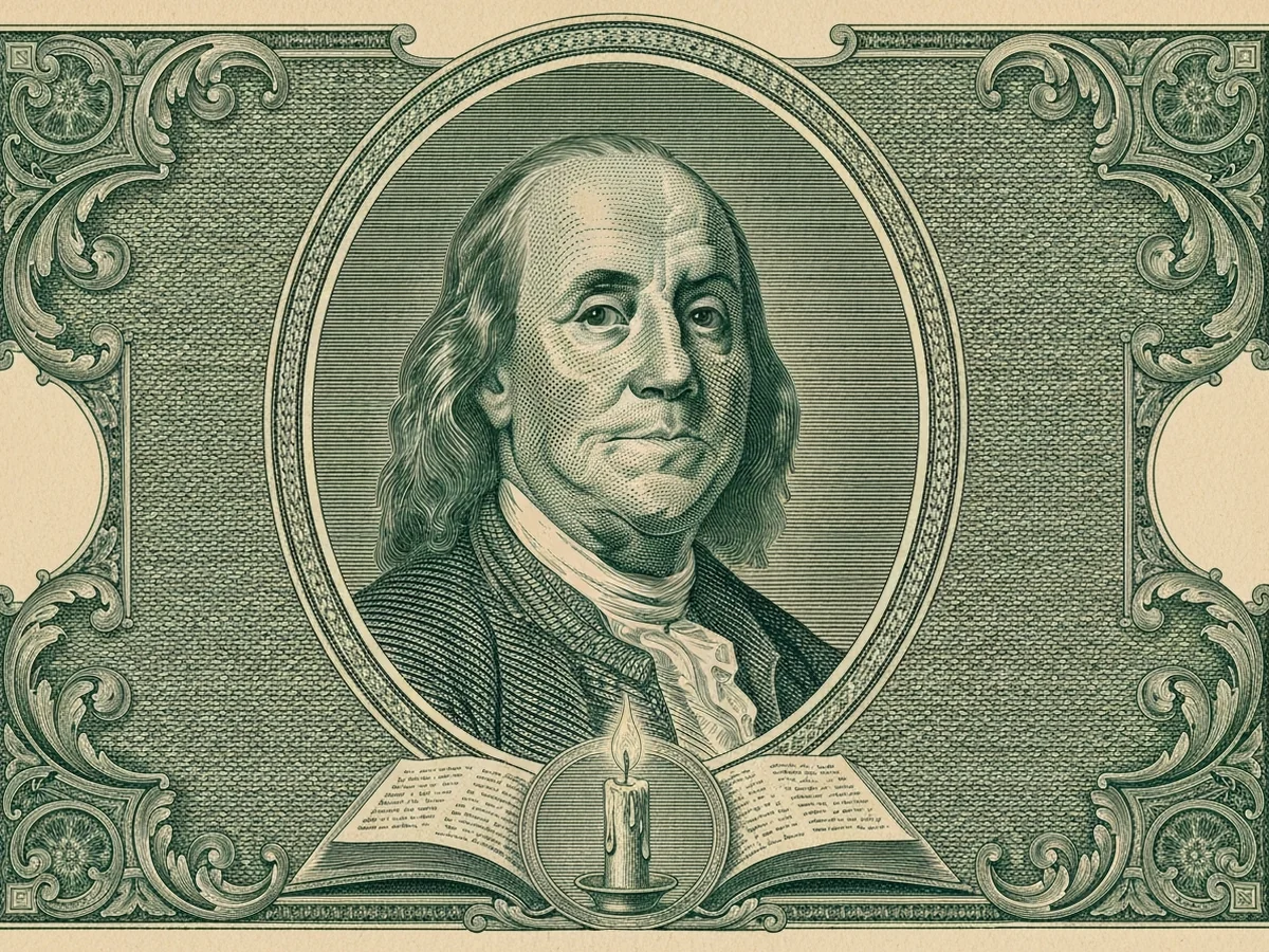 A green steel-engraved banknote-style portrait of Benjamin Franklin inside an oval frame, with a single candle and an open book in the vignette below.
