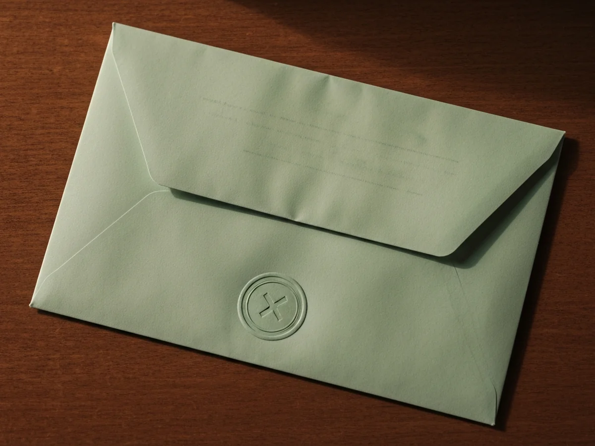 A pale-green official-style envelope with an abstract symmetrical seal in the corner resting on a wooden desk, no readable text.