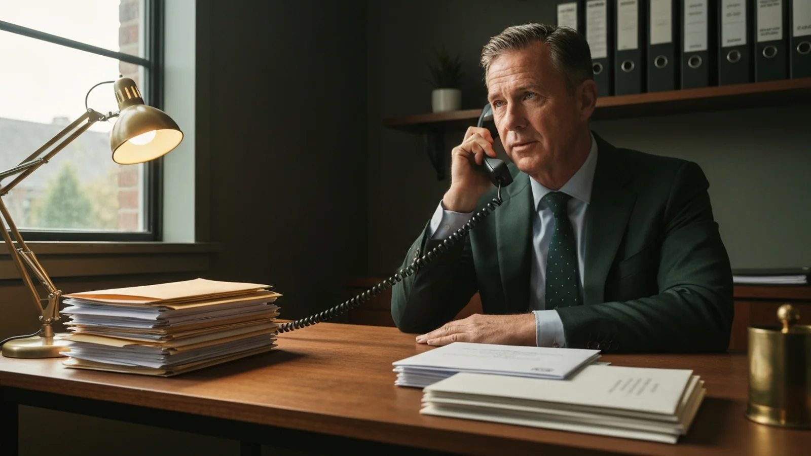 A business owner at a back-office desk holding a corded landline phone receiver to his ear, two stacks of mail in front of him.