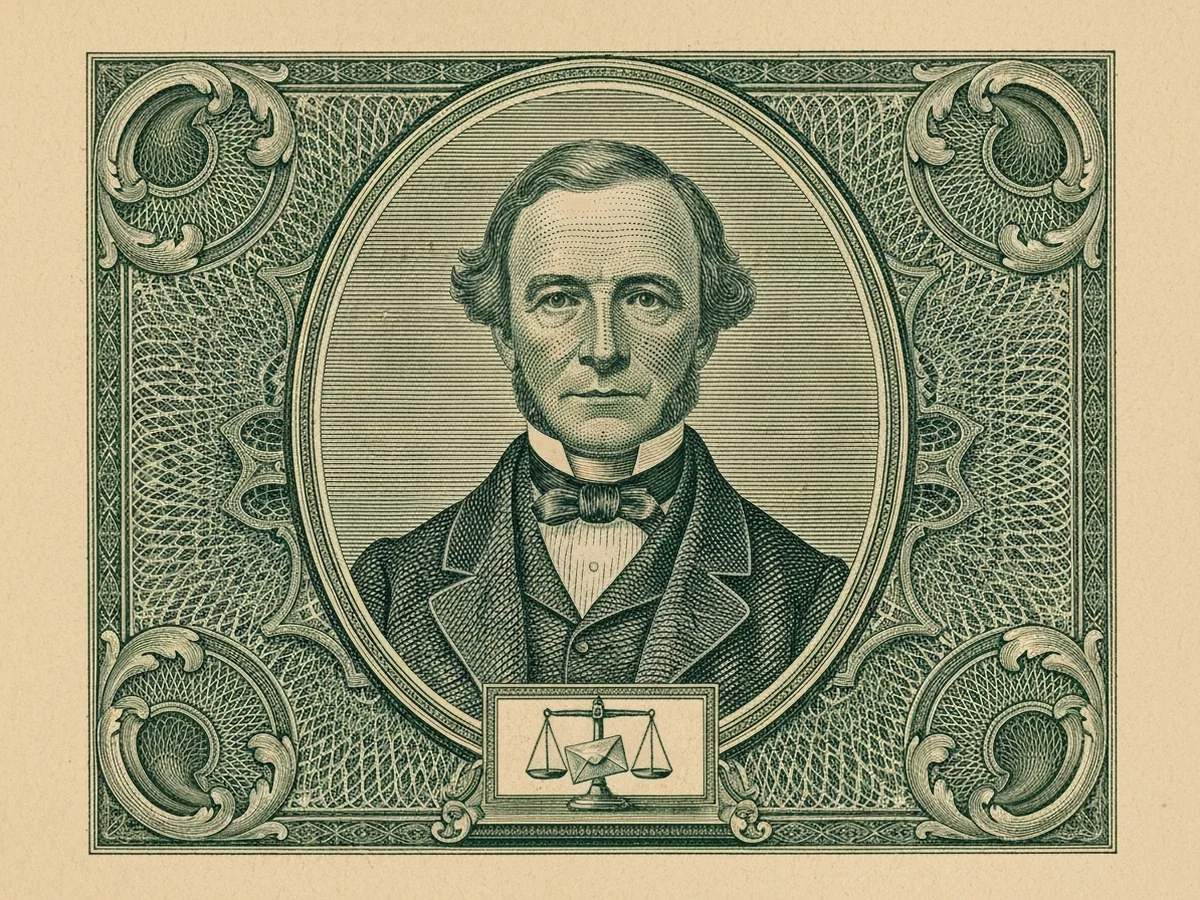 A green steel-engraved banknote-style portrait of Salmon P. Chase inside an oval frame, with an antique balance scale weighing two unmarked envelopes in the vignette below.