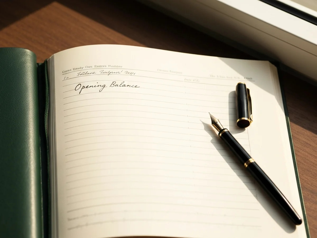 A clean leather-bound ledger book open to a fresh page with a single neat opening balance entry near the top, an uncapped fountain pen beside it.