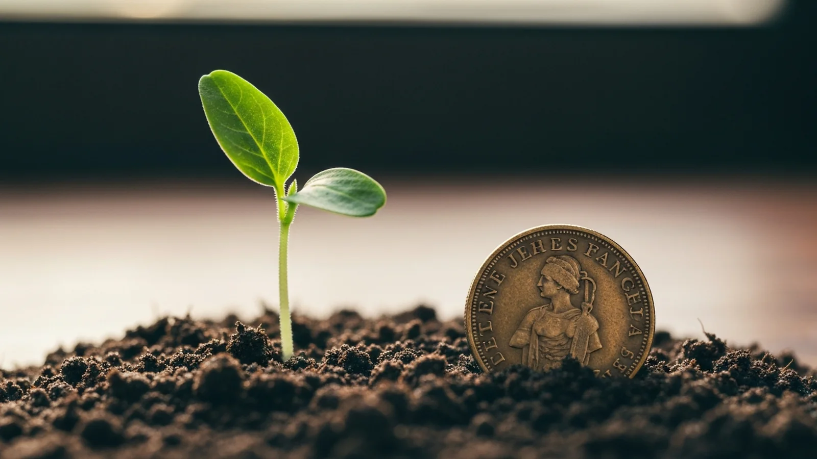 A small green seedling emerging from rich dark soil with an antique brass coin cradled in the soil beside it, soft early-morning back-light.