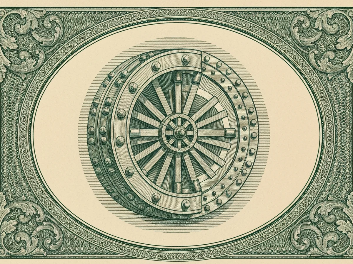 A green steel-engraved banknote-style allegorical vignette of a heavy classical bank-vault door, half-open to reveal a stylized sunburst behind it.