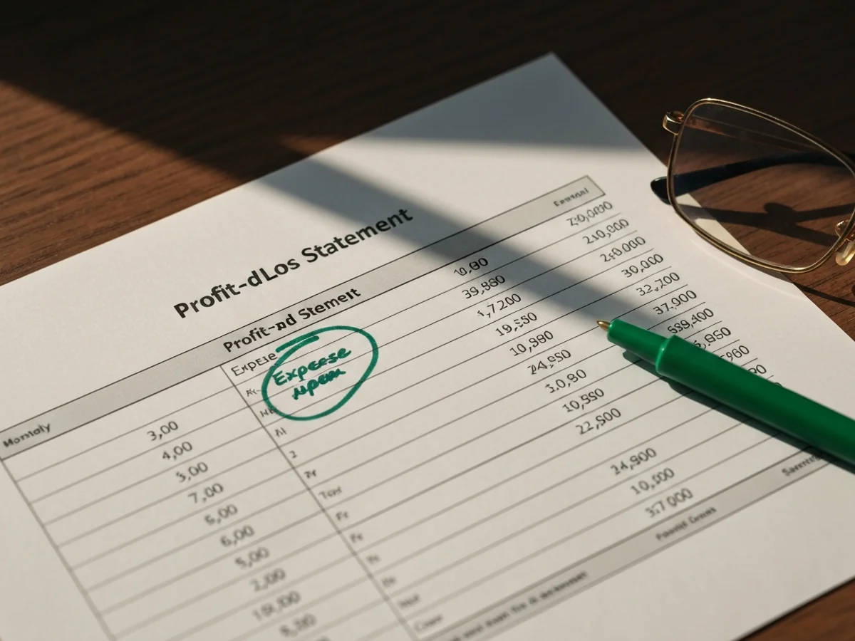 Macro overhead of a printed P&L statement with a single line circled in green felt-tip and a hand-drawn margin note.