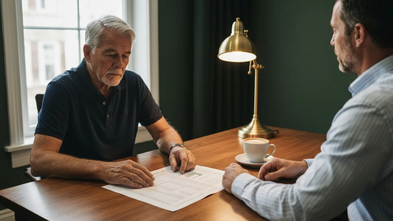 A business owner across a desk from a debt advisor, a profit-and-loss statement spread between them, late afternoon light.