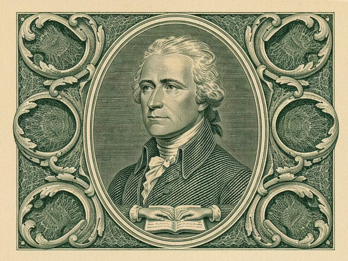 A green steel-engraved banknote-style portrait of Alexander Hamilton inside an oval frame of guilloché lathe-work, with hands clasped over an open ledger below.