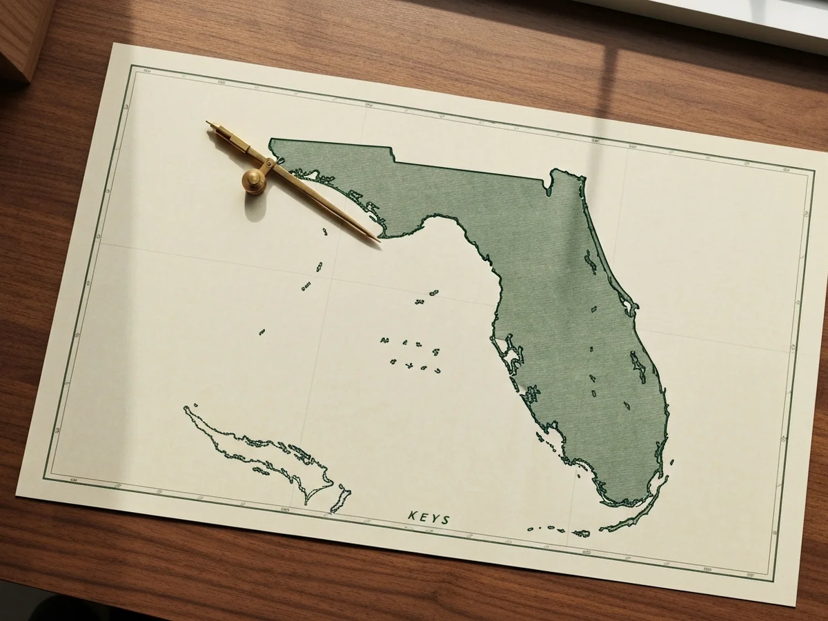 An old-style engraved-look paper map of the state of Florida with a pair of brass dividers resting on top.