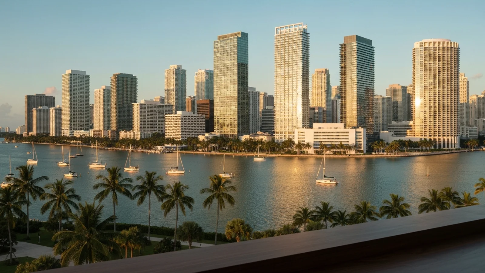 Aerial view of the downtown Miami skyline at golden hour with palm trees and sailboats in the foreground.