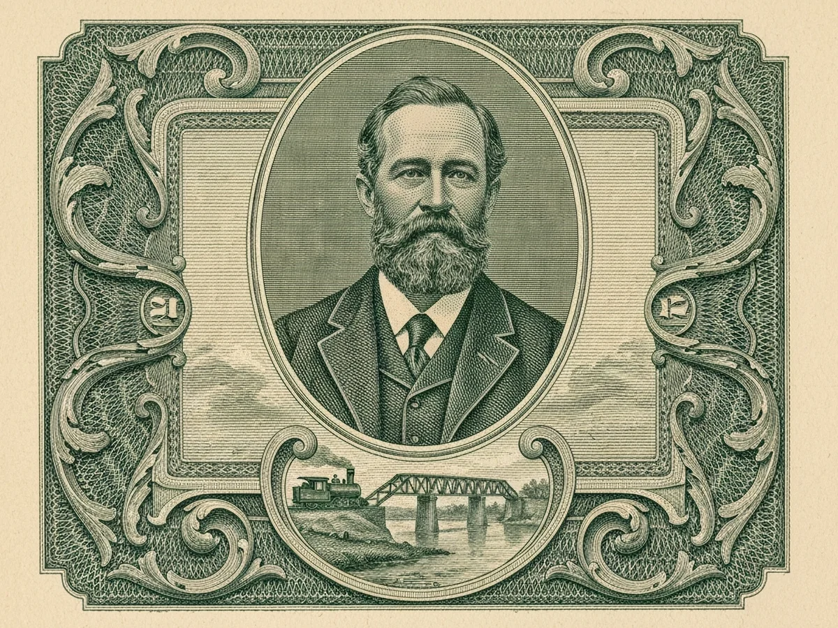 A green steel-engraved banknote-style portrait of Henry Flagler, with a small steam locomotive crossing a low railway bridge in the vignette below.
