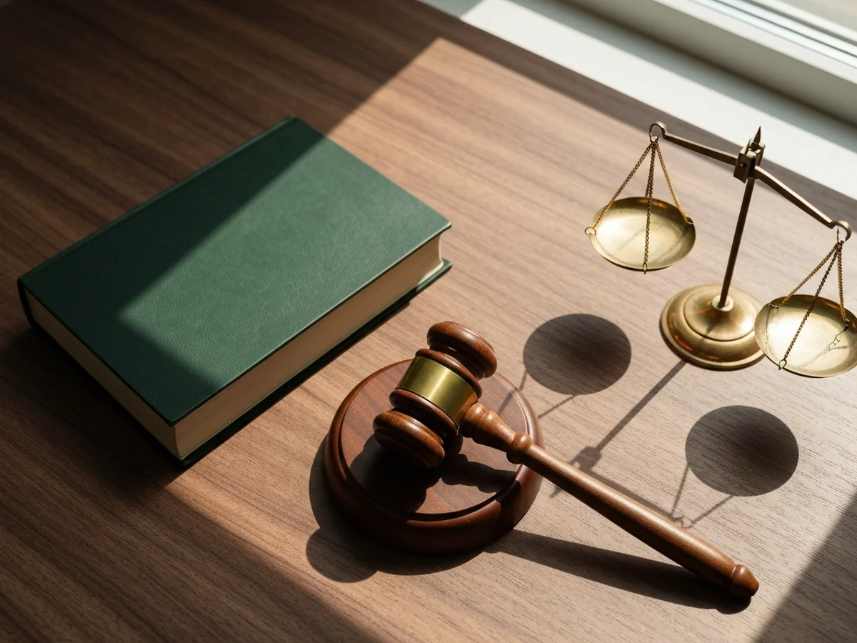 Overhead photograph of a wooden gavel, a small leather-bound book, and a small brass scale arranged on a walnut desk.