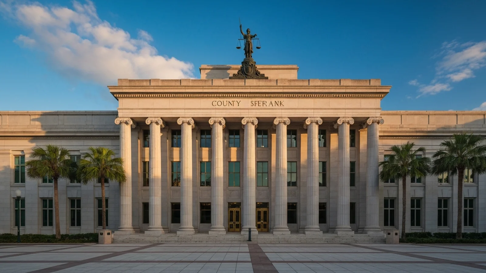 The limestone columns of a Florida county courthouse in early-morning light, palm trees framing the entrance.