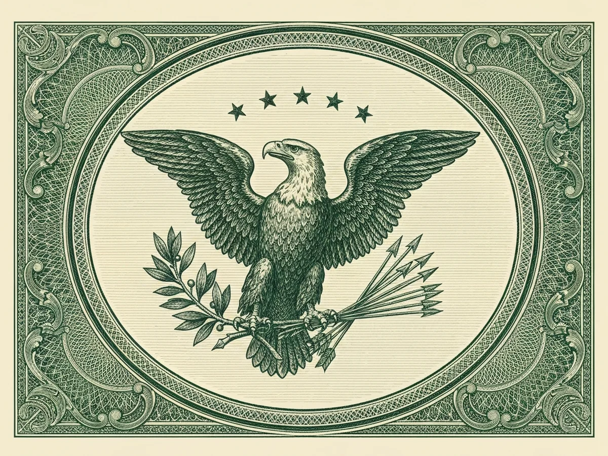 A green steel-engraved banknote-style allegorical vignette of an American bald eagle on a Federal-style shield, with thirteen stars in a half-circle above.